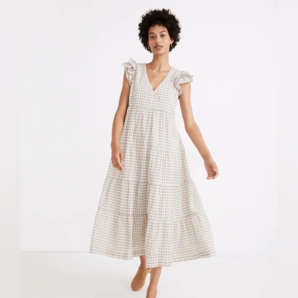 Madewell 
Gingham Seersucker Ruffle-Sleeve Tiered Midi Dress